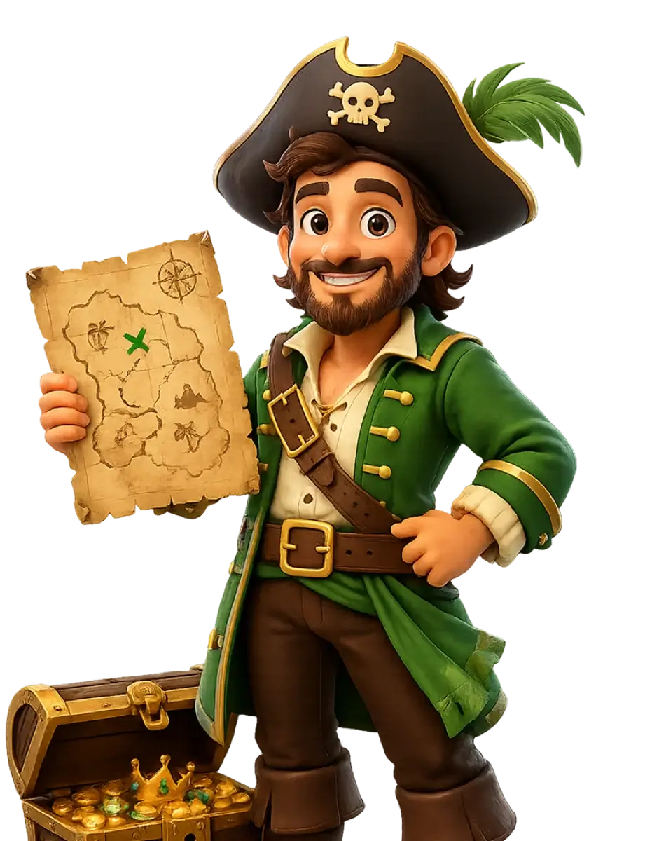 Friendly pirate mascot holding a treasure map